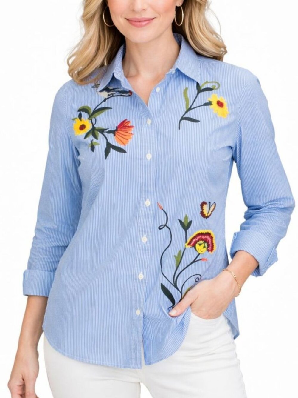 Talbots Womens Pinstripe Shirt Sunflower Blue Bird Embroidered Petites Size SP